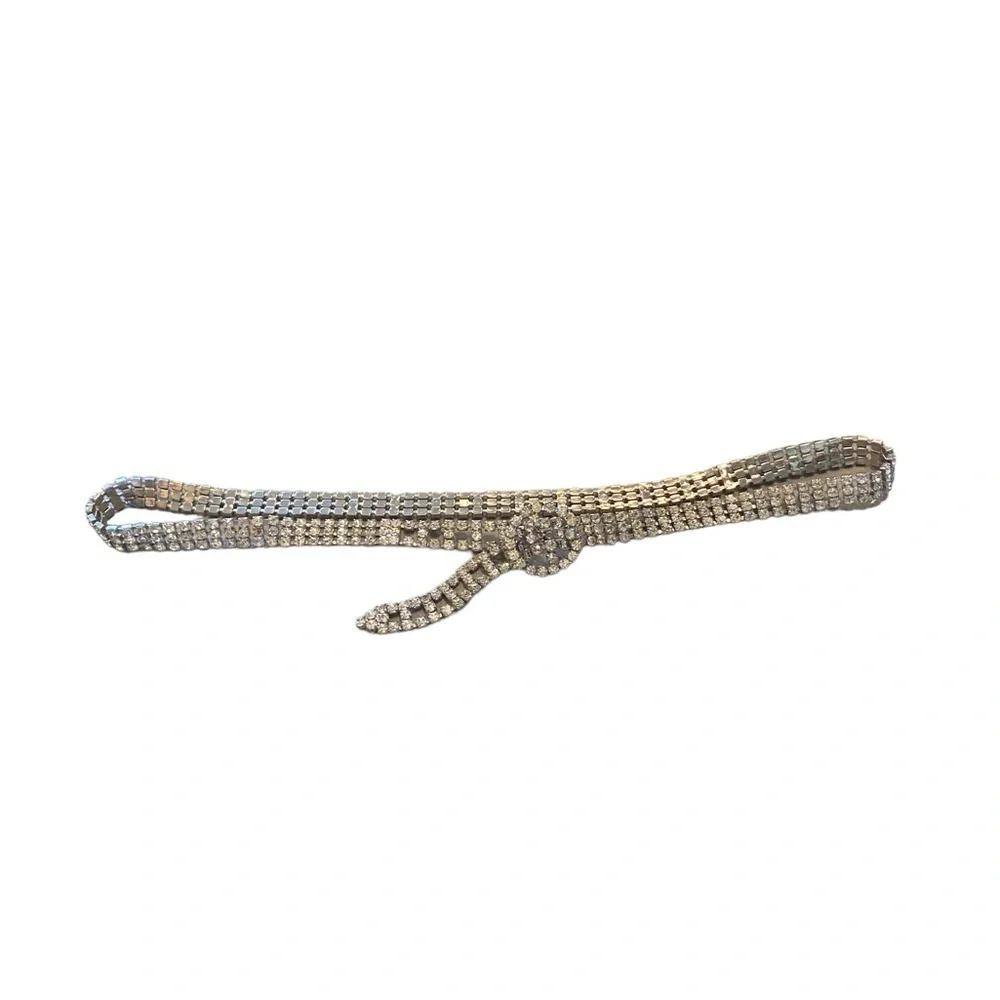 Vintage Silver Sparkling Prong Set Rhinestone Bling Belt Glam party